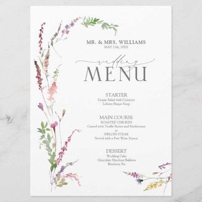 Trendy Elegante Wildblume Floral Wedding Menükarte (Vorderseite)