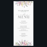Trendy Elegante Wildblume Floral Wedding Menükarte<br><div class="desc">Mit diesem trendigen 4"x 9" Wildblume Floral Watercolor Wedding Menu kreieren Sie den perfekten Empfang! Die lässige und schöne Einrichtung aus Lila-Lavendel, Rosa, Gelb und Blau und die botanische Vegetation sorgen für ein atemberaubendes Ambiente. Ob Sie eine Gartenzeremonie im Freien planen oder eine Hochzeitsfeier im Innenbereich planen, dieses Menü wird...</div>