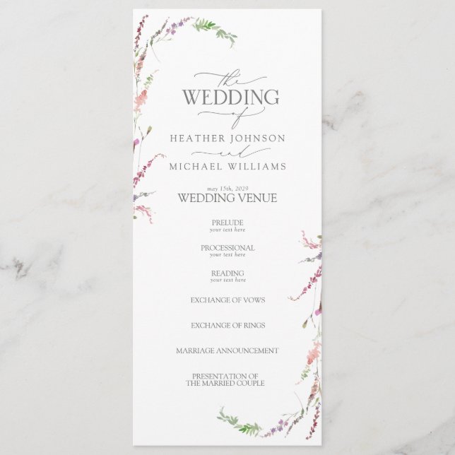 Trendy Elegante Wildblume Floral Wedding Programm (Vorderseite)