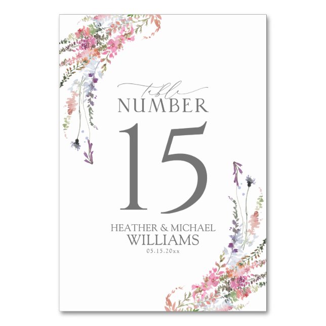 Trendy Elegante Wildblume Floral Wedding Tischnummer (Vorderseite)