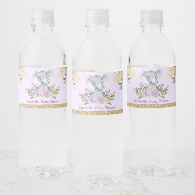 Trendy Elephant Baby Dusche Lila Gold Floral (Flaschen)