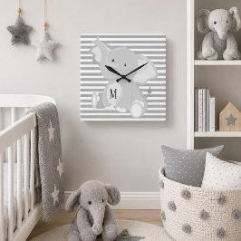 Trendy Elephant Monogram, grau-weiße Streifen Quadratische Wanduhr