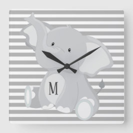 Trendy Elephant Monogram, grau-weiße Streifen Quadratische Wanduhr