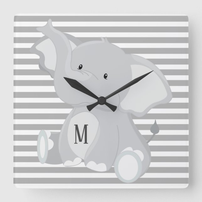 Trendy Elephant Monogram, grau-weiße Streifen Quadratische Wanduhr (Vorderseite)
