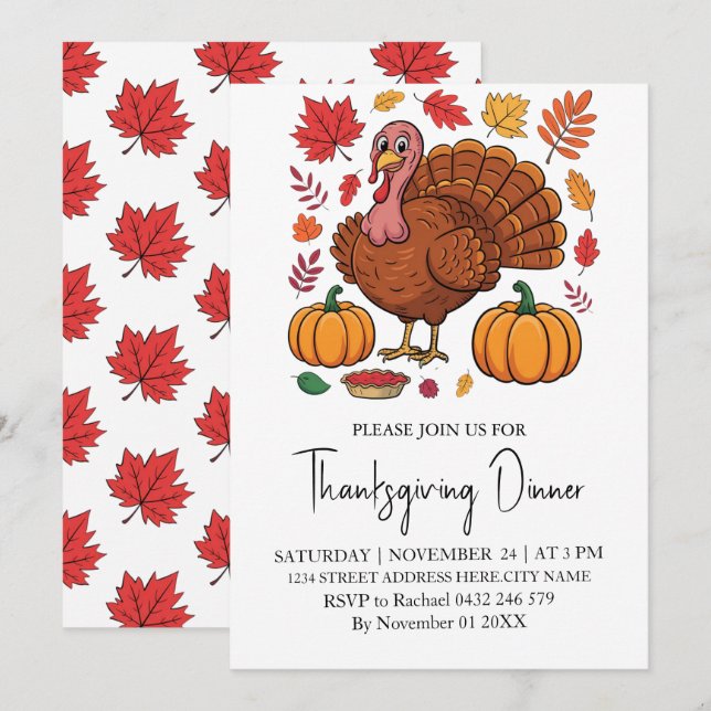 Trendy Erntedank Dinner Turkey Pumpkin Einladung (Vorne/Hinten)