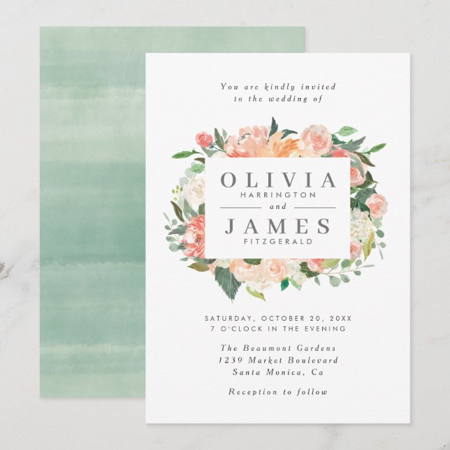 Trendy Eucalyptus Peach Wassercolor Floral Wedding Einladung (Vorne/Hinten)