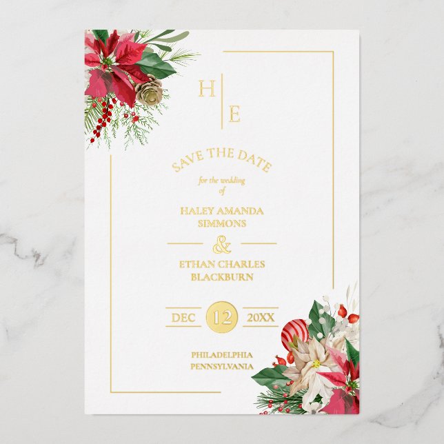 Trendy Extravagant Initials Floral Christmas Bouqu Folieneinladung (Vorderseite)