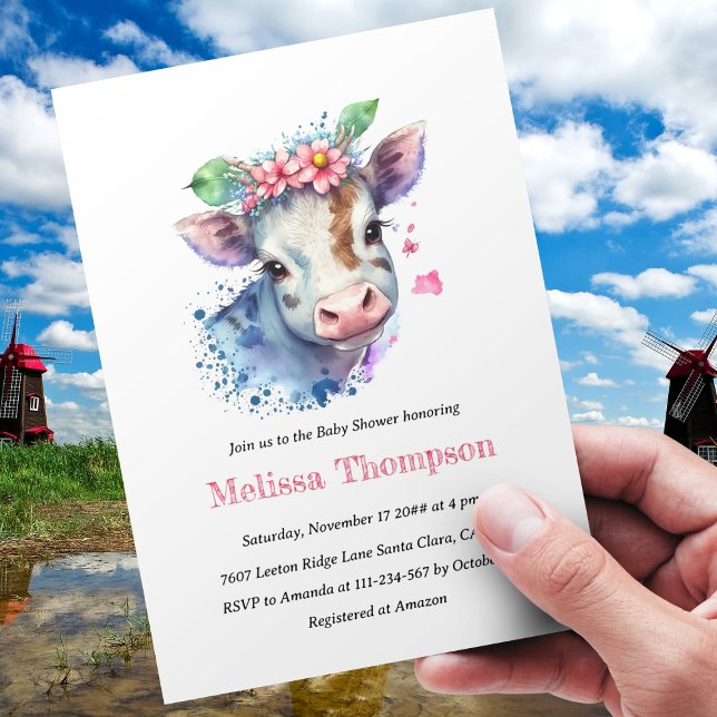 Trendy Farm Animal Cow Blume Bloral Baby Dusche Einladung (Von Creator hochgeladen)