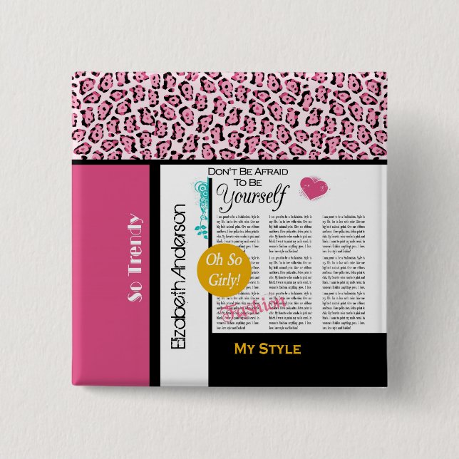 Trendy Fashion Newsprint Pink Leopard and Name Button (Vorderseite)