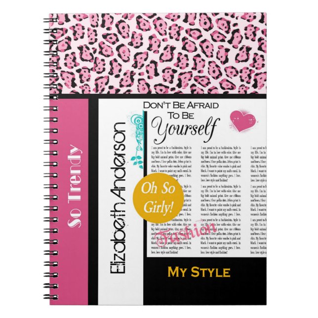 Trendy Fashion Newsprint Pink Leopard und Name Notizblock (Vorderseite)