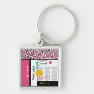 Trendy Fashion Newsprint Pink Leopard und Name Schlüsselanhänger