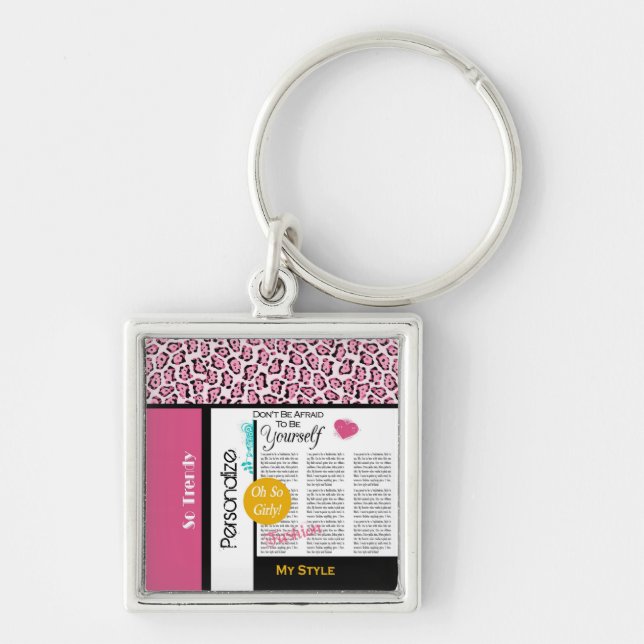 Trendy Fashion Newsprint Pink Leopard und Name Schlüsselanhänger (Vorne)