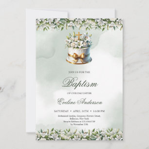 Trendy festliche Kuchen Goldkreuz Lilien Taufe Einladung