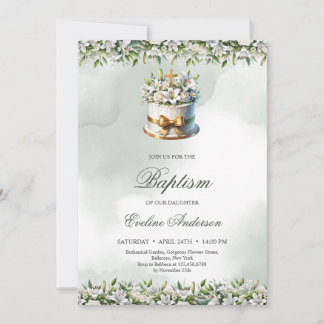 Trendy festliche Kuchen Goldkreuz Lilien Taufe Einladung