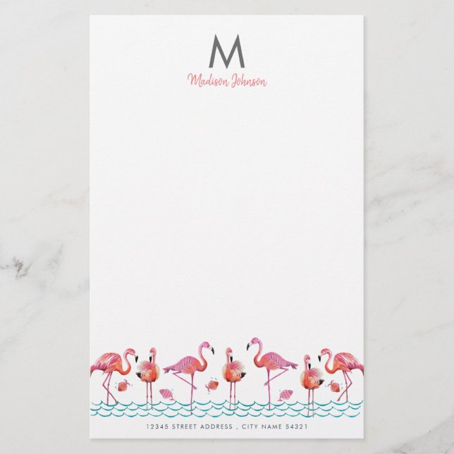 Trendy Flamingo Pink & Blue Vögel Monogramm zeichn Briefpapier (Vorderseite)