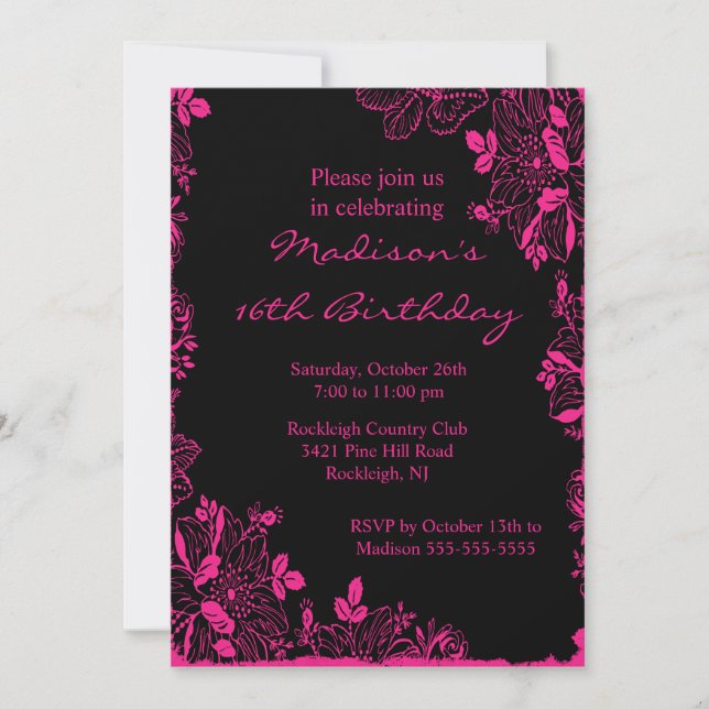 Trendy Floral 16 . Geburtstag Einladung zum Geburt (Vorderseite)