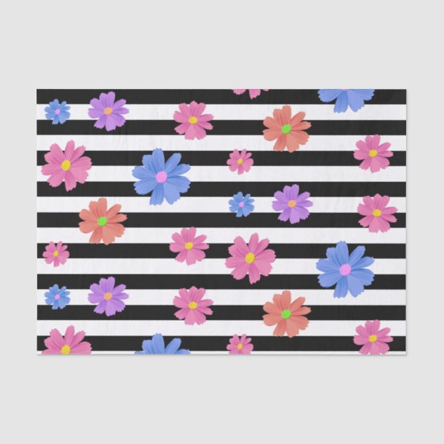 Trendy Floral Black & White Streifen Gemustert Seidenpapier (Vorderseite)