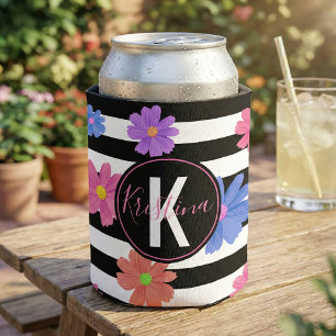 Trendy Floral Black & White Streifen Personalisier Dosenkühler