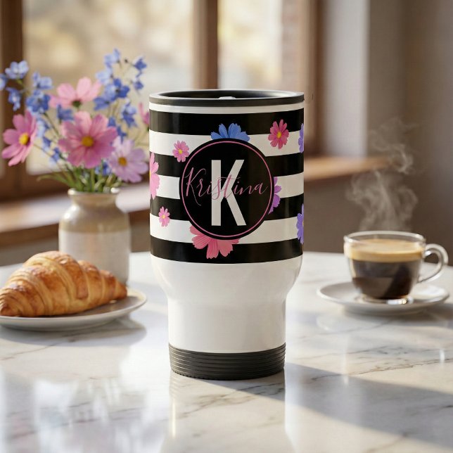 Trendy Floral Black & White Streifen Personalisier Reisebecher (Von Creator hochgeladen)
