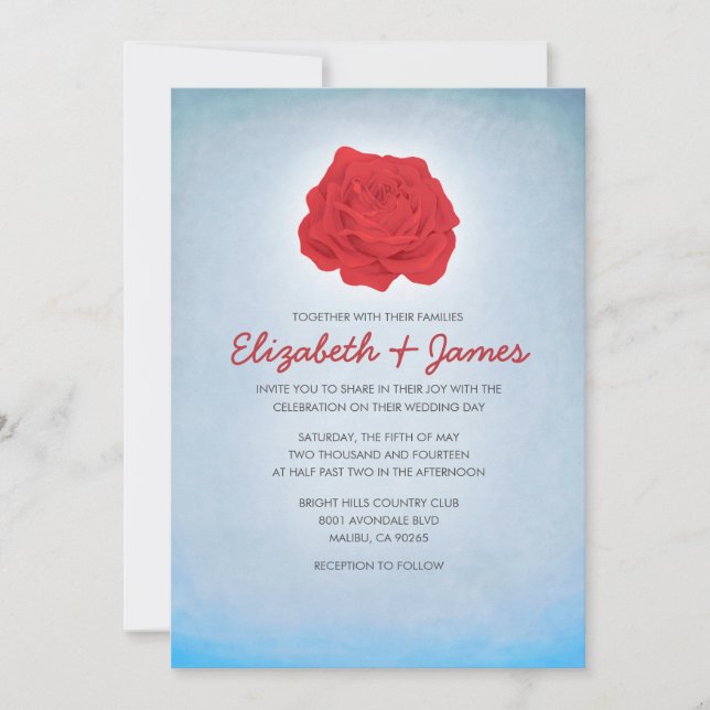 Trendy Floral Blue and Red Wedding Einladungen (Vorderseite)