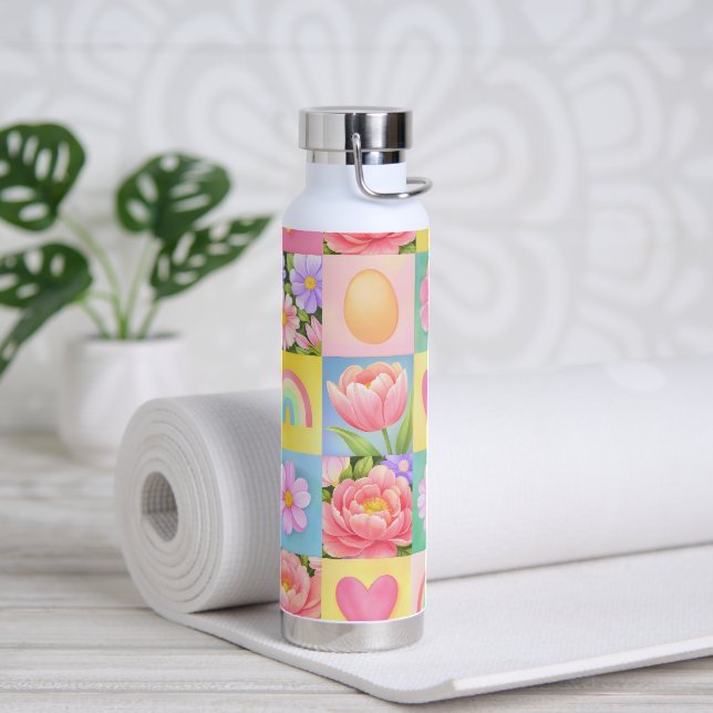Trendy Floral Checkerboard Spring Pattern Trinkflasche (Yoga (gedreht))
