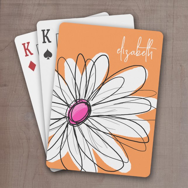 Trendy Floral Daisy Illustration - Rosa und Orange Spielkarten (Whimsical Daisy Drawing with a place to add your name - personalized playing cards)