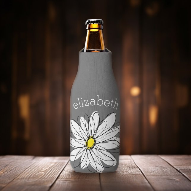 Trendy Floral Daisy mit graugelbem individuelle Na Flaschenkühler (Whimsical Daisy - Personalize this bottle cooler with your monogram.)