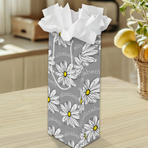 Trendy Floral Daisy mit graugelbem individuelle Na Geschenktüte Für Weinflaschen