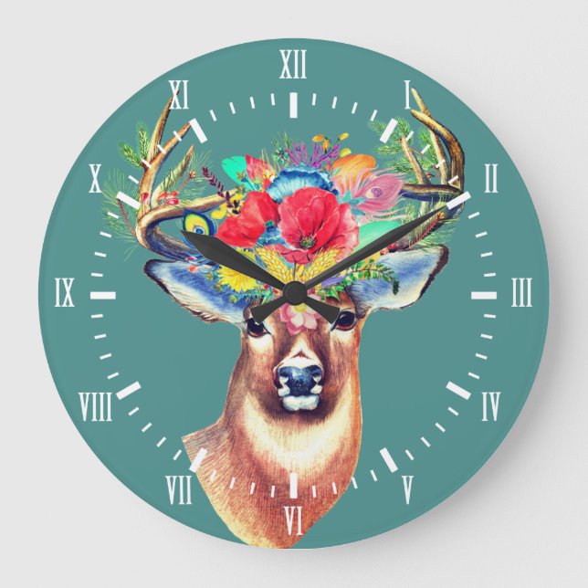 Trendy Floral Deer Antlers Illustration Große Wanduhr (Vorderseite)