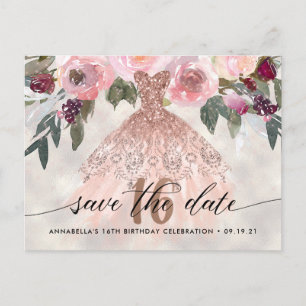 Trendy Floral Foto Sweet 16 Save the Date Postkarte