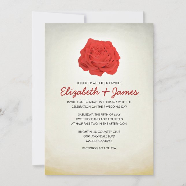 Trendy Floral Red and Gold Wedding Einladungen (Vorderseite)