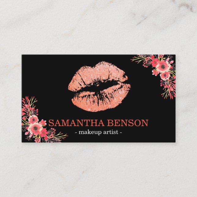 Trendy Floral Rose Gold Lippen Makeup Künstler Visitenkarte (Vorderseite)