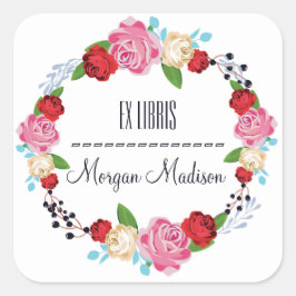 Trendy Floral Rose Wreath Buchzeichen Quadratischer Aufkleber