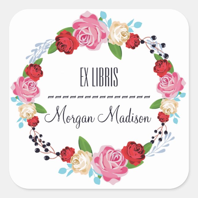 Trendy Floral Rose Wreath Buchzeichen Quadratischer Aufkleber (Vorderseite)