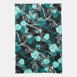 Trendy Floral | Schwarze Türkis und Weiße Rosen Geschirrtuch