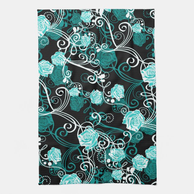 Trendy Floral | Schwarze Türkis und Weiße Rosen Geschirrtuch (Vertikal)