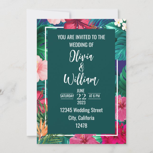 Trendy Floral Watercolor Tropische Grüne Hochzeit Einladung (Vorderseite)