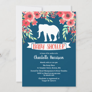 Trendy Floral White Elephant Baby Dusche Einladung