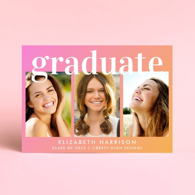 Trendy Foto Collage Pink Orange Graduation Party Einladung (A modern trendy photo collage graduation party invitation to celebrate the graduate's achievements)