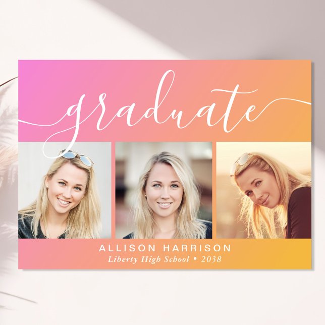 Trendy Foto Pink Orange Abschluss Ankündigung (Cherish the milestone: share your graduate's achievement with a custom photo graduation announcement)
