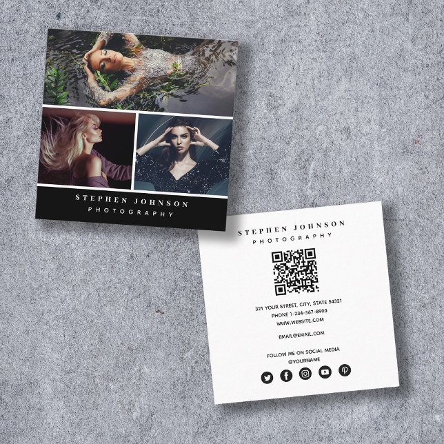 Trendy Fotograf 3 Fotos QR Code Social Media Quadratische Visitenkarte (Von Creator hochgeladen)