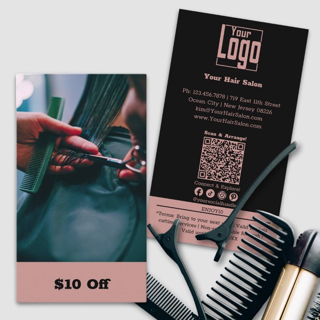 Trendy Friseur Image $10 Off Rabattkarte (Trendy Hairdresser Image $10 Off Discount Card, Custom Photo, Tuscany Pink & Black)