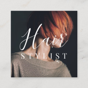 Trendy Friseur White Script Friseur Foto Quadratische Visitenkarte