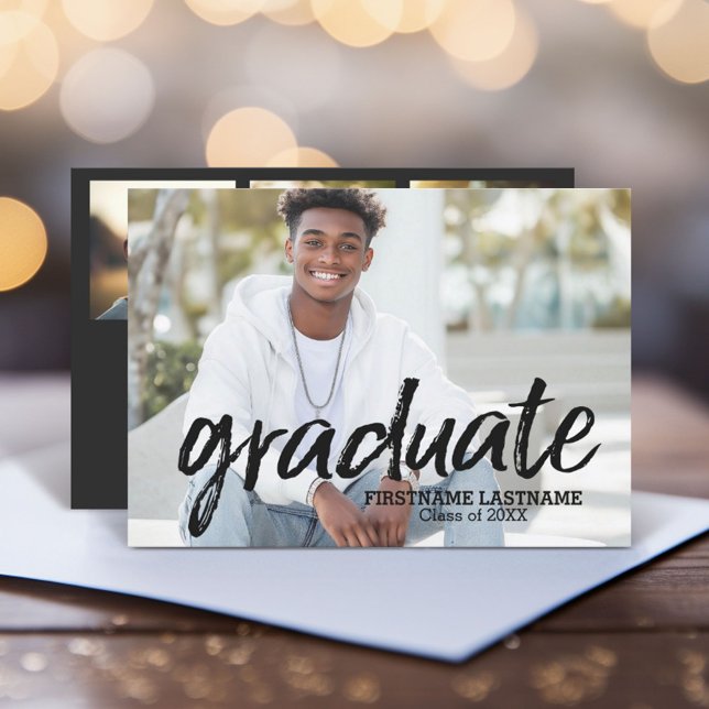 Trendy Full Foto Script Graduation Party Einladung (Graduation Announcement with 1 photo on the front and 3 photos on the back - includes party invite)