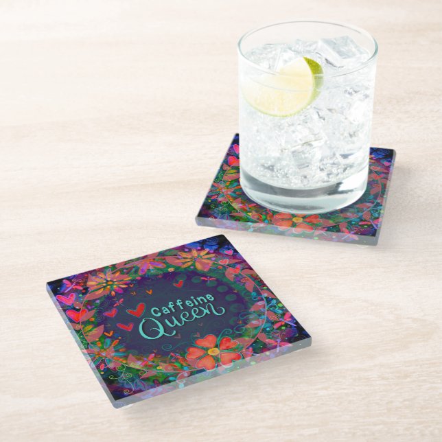 Trendy Fun Einzigartig Coffein Queen Floral Glasuntersetzer (Schrägansicht)