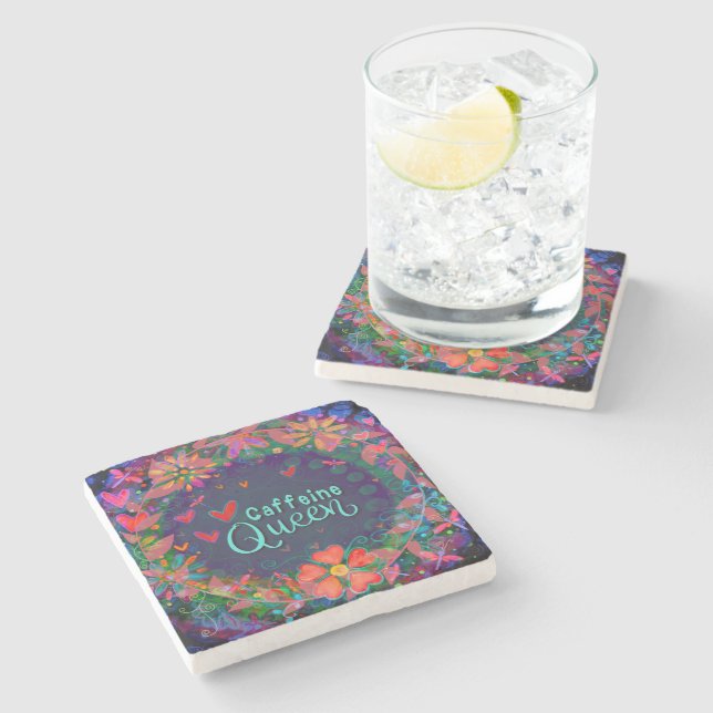 Trendy Fun Einzigartig Coffein Queen Floral Steinuntersetzer (Seitenansicht)