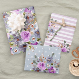 Trendy Fun Girly Pink Lila Blauer Streifen Geschenkpapier Set