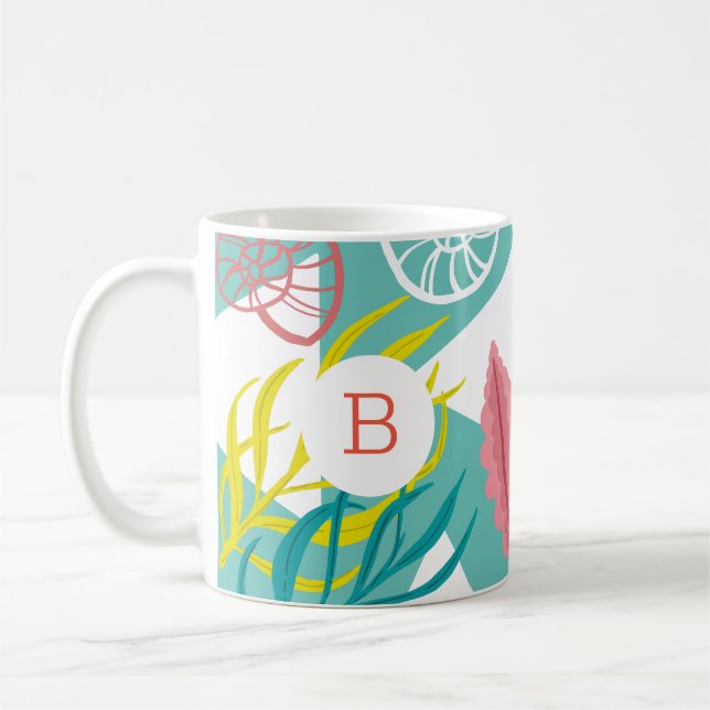Trendy Geo Nautical Seashells Seaweed | Monogramm Kaffeetasse (Links)