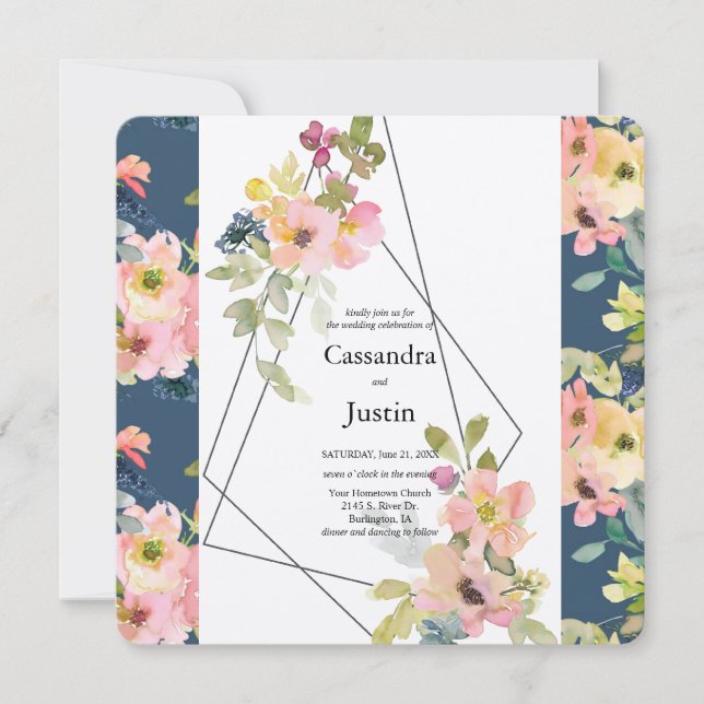 Trendy Geometric Floral Wedding Einladung (Vorderseite)