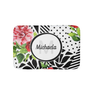 Trendy Geometric Stripe Muster Red Foral Monogram Badematte